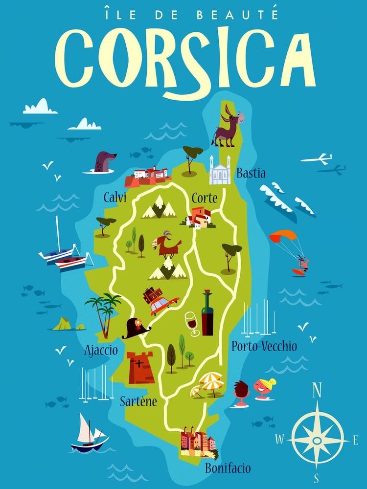 Corsica Map Poster Green & Blue