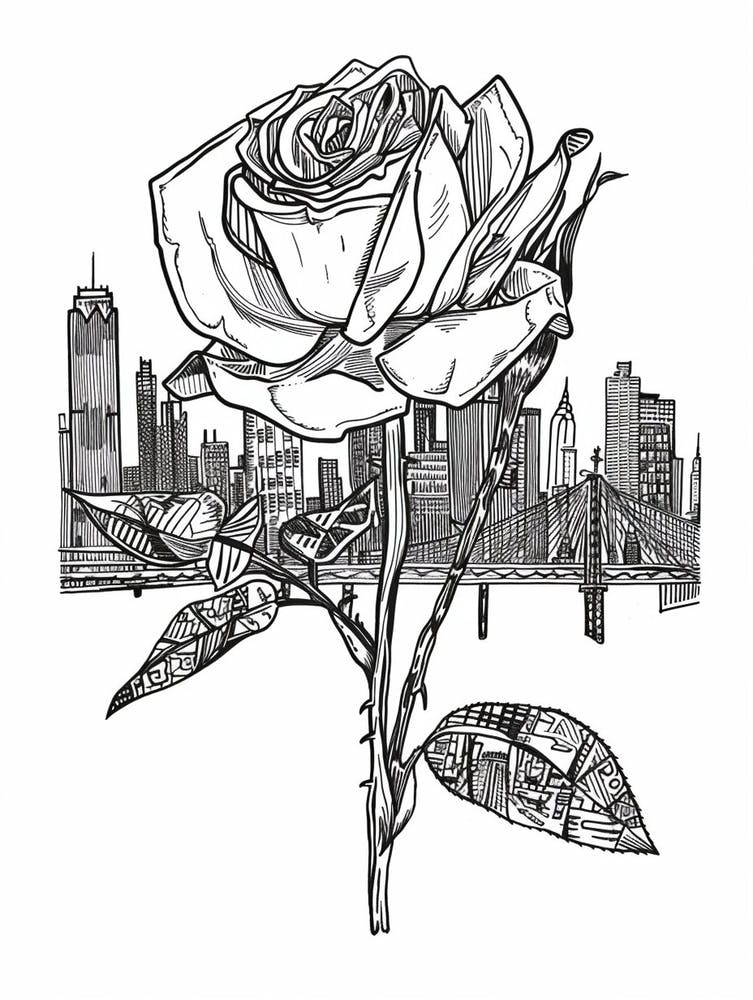 Rose In The City Line Drawing 1
