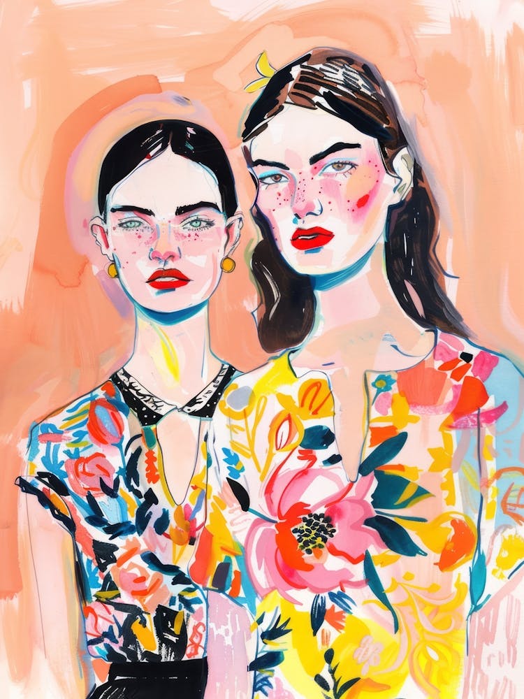 Two Women in Floral Dresses. Watercolor Bright Portrait