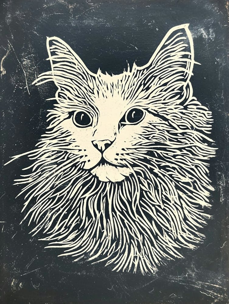 Selkirk Rex Cat Linocut Blockprint 3