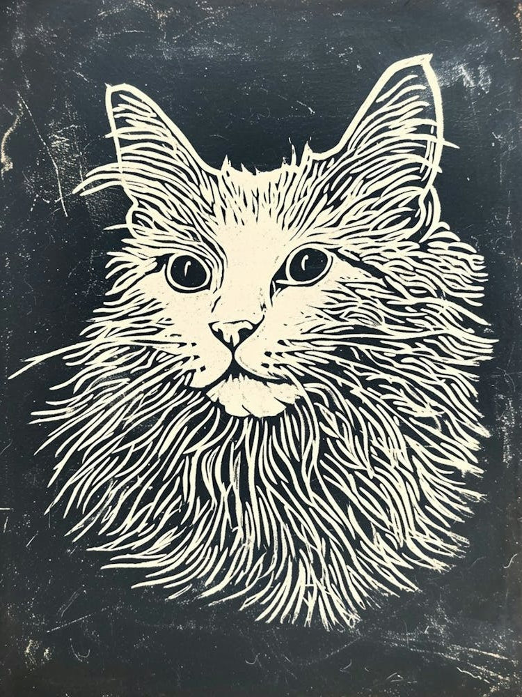 Selkirk Rex Cat Linocut Blockprint 3