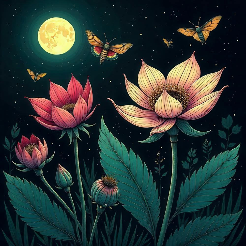 Lotus Flowers At Night