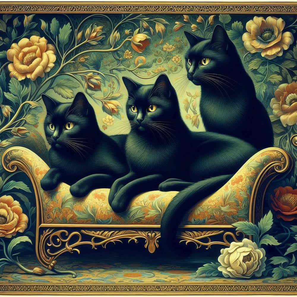 Three Black Cats On A Couch