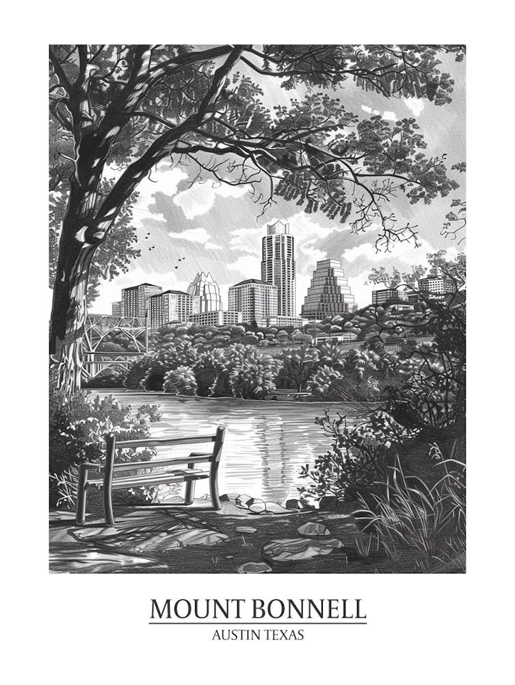 Mount Bonnell Austin Texas Dessin Noir et Blanc 3 Affiche