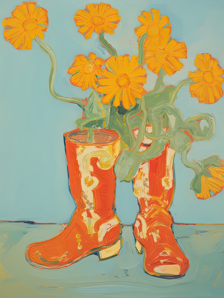 Painting Of Yellow Flowers And Cowboy Boots, Oil Style 13