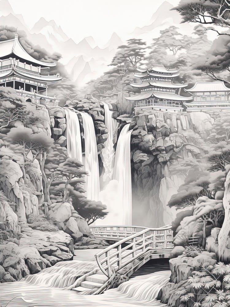 Nachi Falls In Wakayama, Ukiyo E Black And White Line Art Drawing 4