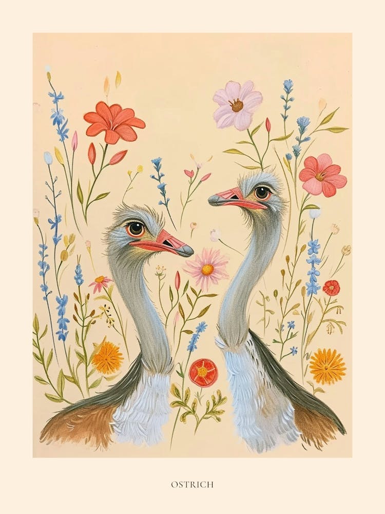 Folksy Floral Animal Drawing Ostrich 2 Poster