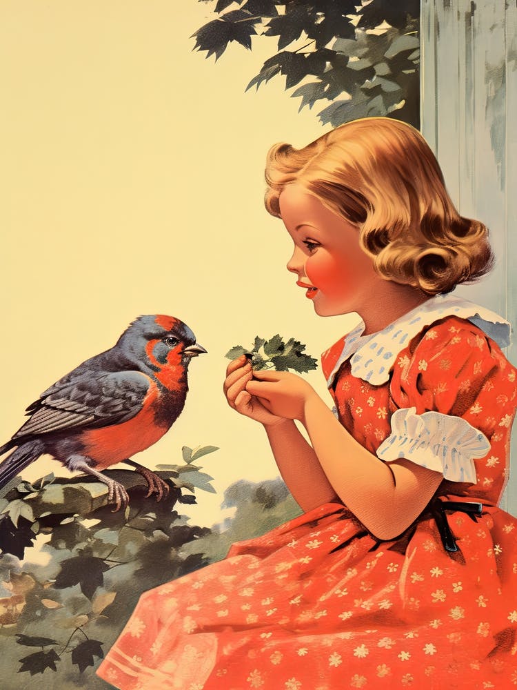 Vintage Retro Kids With Bird Illustration Kitsch 1