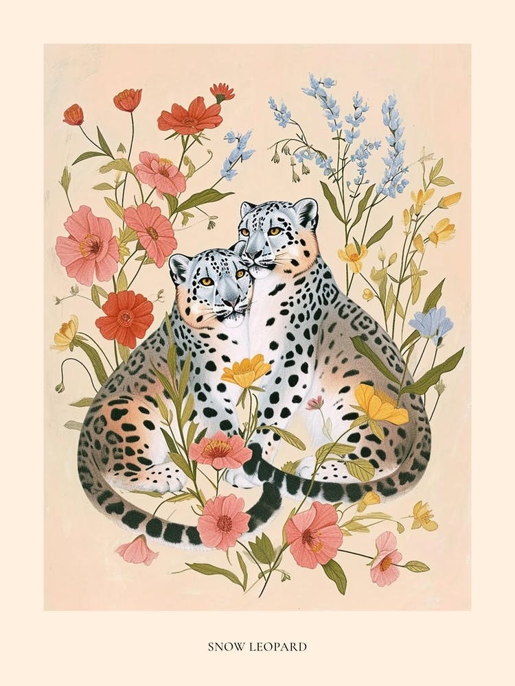 Folksy Floral Animal Drawing Snow Leopard Poster