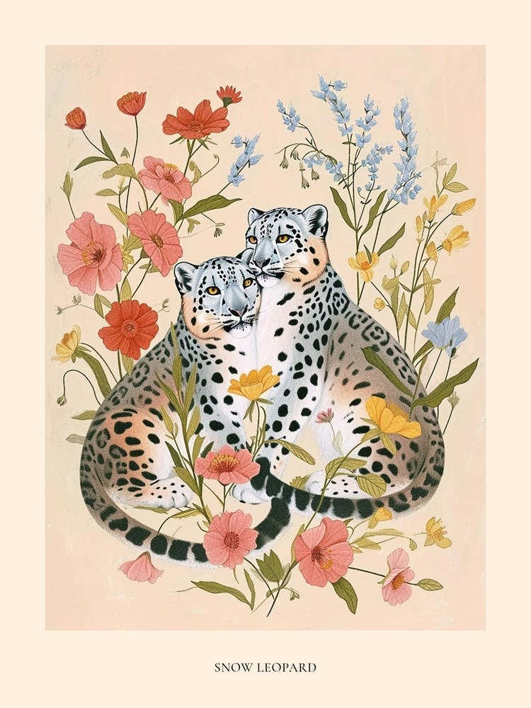 Folksy Floral Animal Drawing Snow Leopard Poster