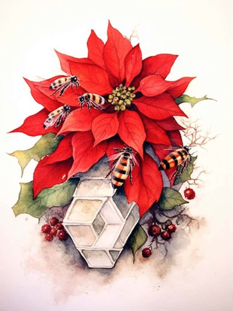 Beehive With Poinsettia Watercolour Illustration 3