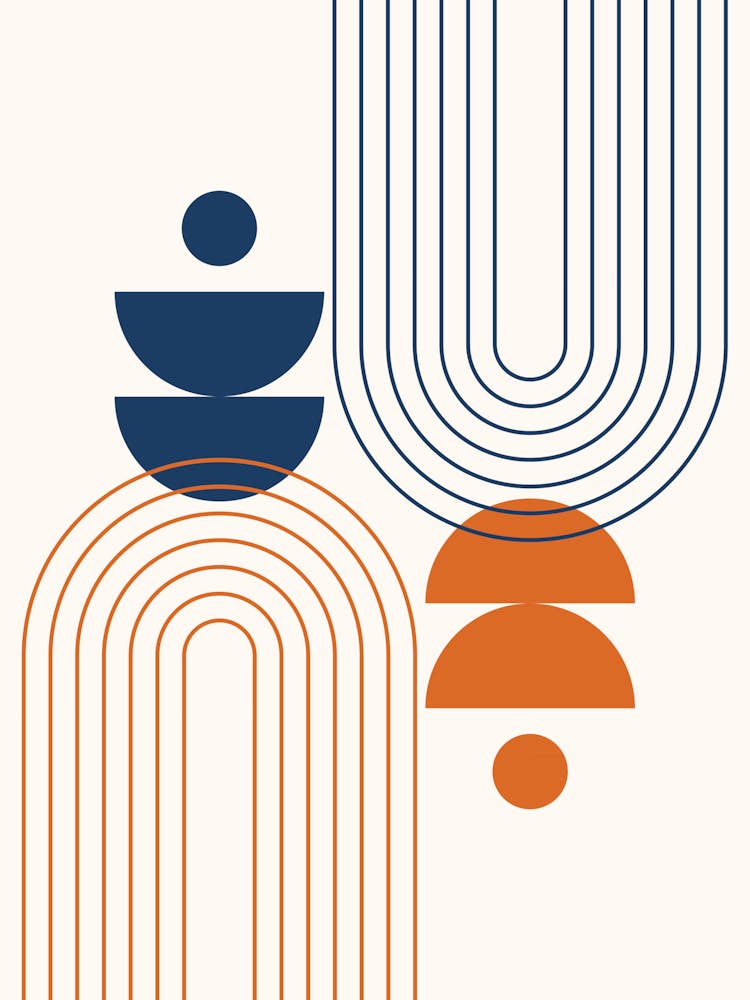 Mid Century Modern Geometric Abstract Rainbow, Sun and Moon Phases in Navy Blue Classy Burnt Orange 1