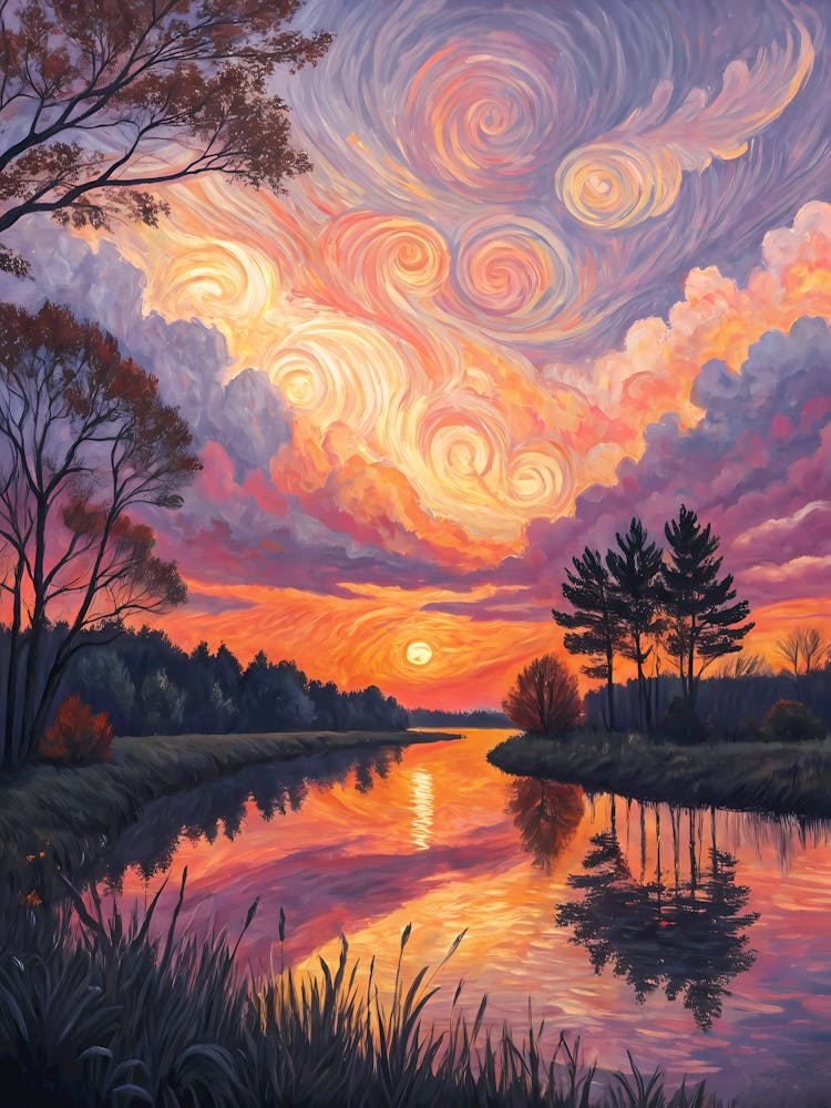 Van Gogh Sonnenuntergangsfluss mit wirbelndem Himmel & Üppige Landschaft