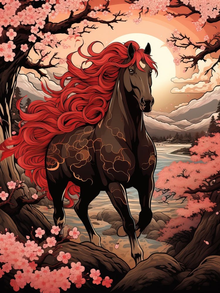 Horse Animal Drawing In The Style Of Ukiyo E 4