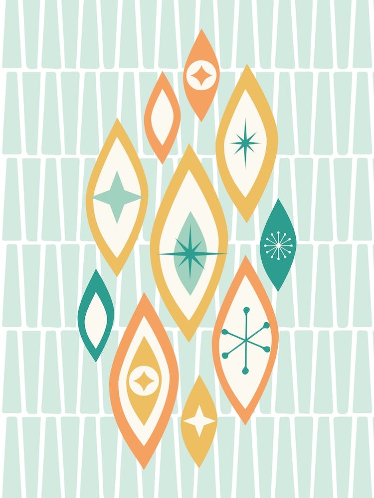 Atomic Age MCM Abstract Shapes And Stars Teal, Aqua, Orange