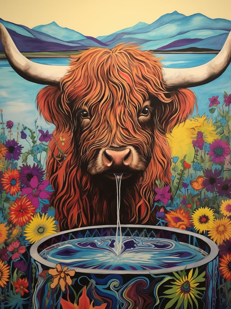 Floral Colourful Illustration Of Highland Cow Drinking Out Of Trough 2