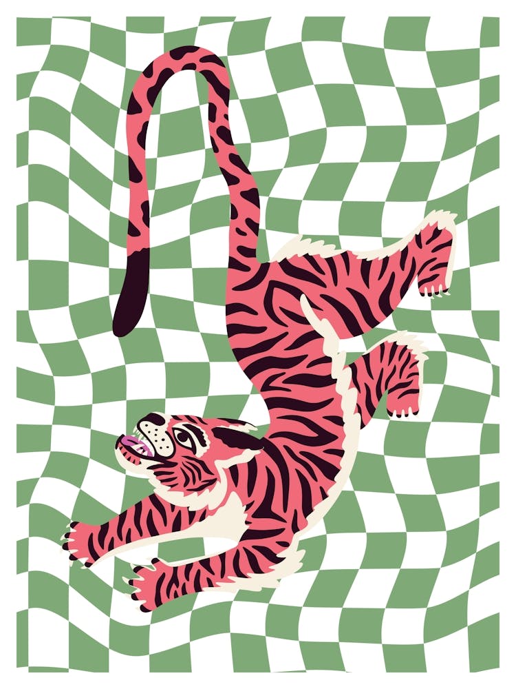 Tiger On Green Checkered Pattern