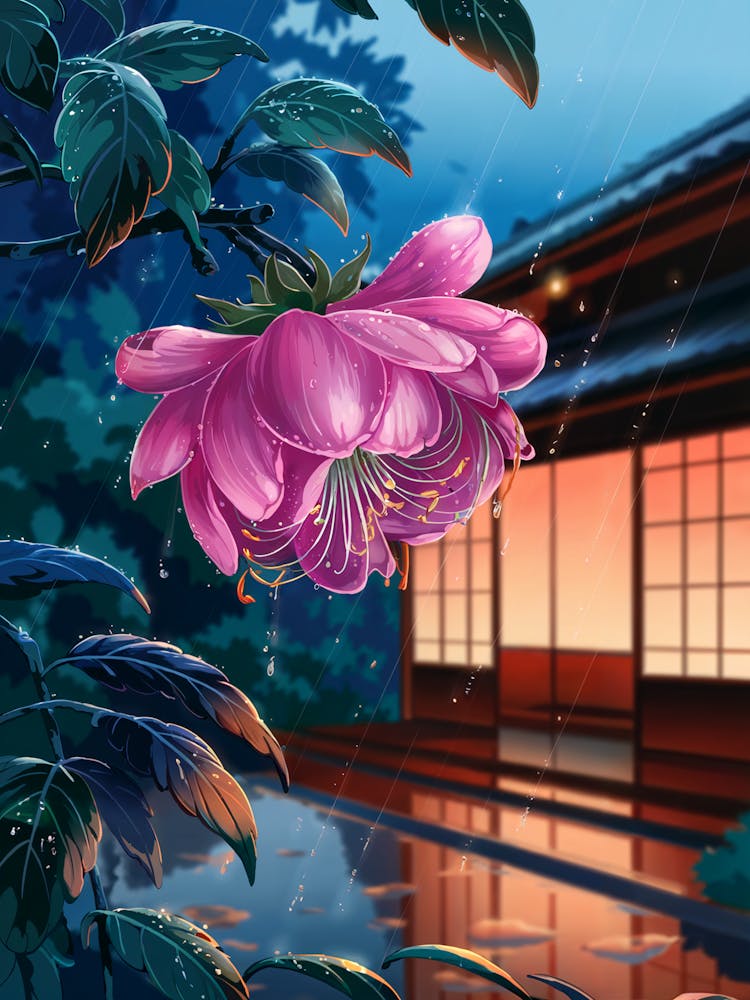 Anime Canvas Art: Vibrant Pink Flower with Raindrops in a Rainy Night Setting, Warm Lantern Glow, and Lush Leaves, Perfect for Lofi Aesthetic and Tranquil Ambience. 1