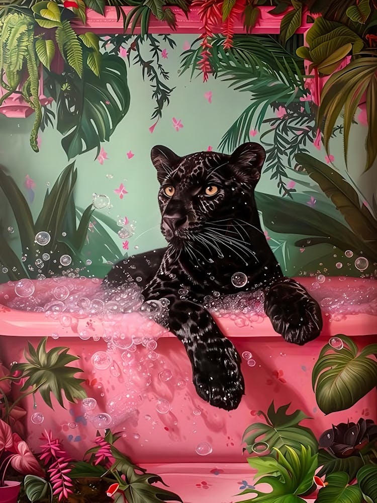 Black Leopard In Bathtub, Bathroom Black Panther Print, Cheetah Poster Art, Leopard Maximalist Bathroom Decor, Bathroom Wall Art