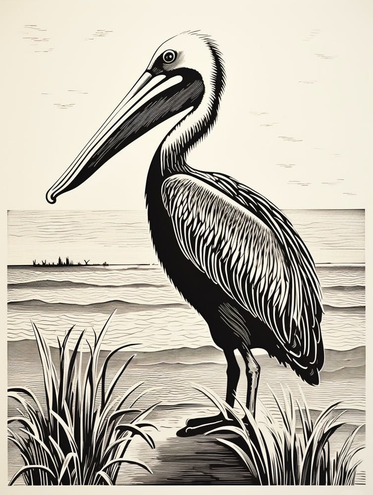 B&W Bird Linocut Brown Pelican