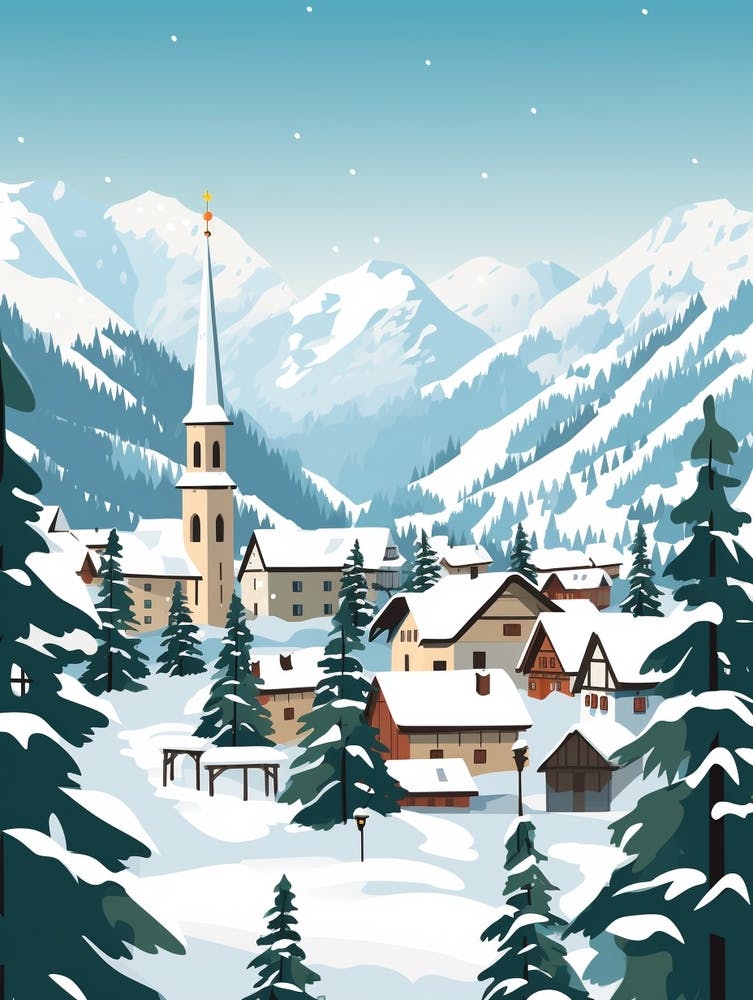 Retro Winter Illustration Hallstatt Austria 4