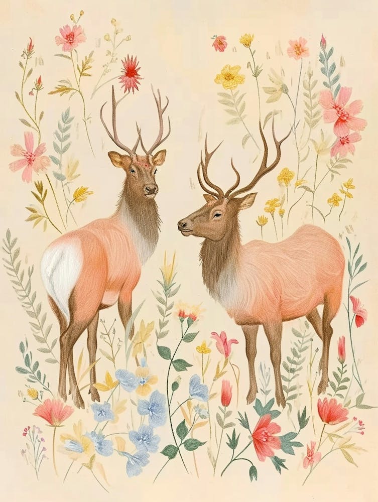 Folksy Floral Animal Drawing Elk 3