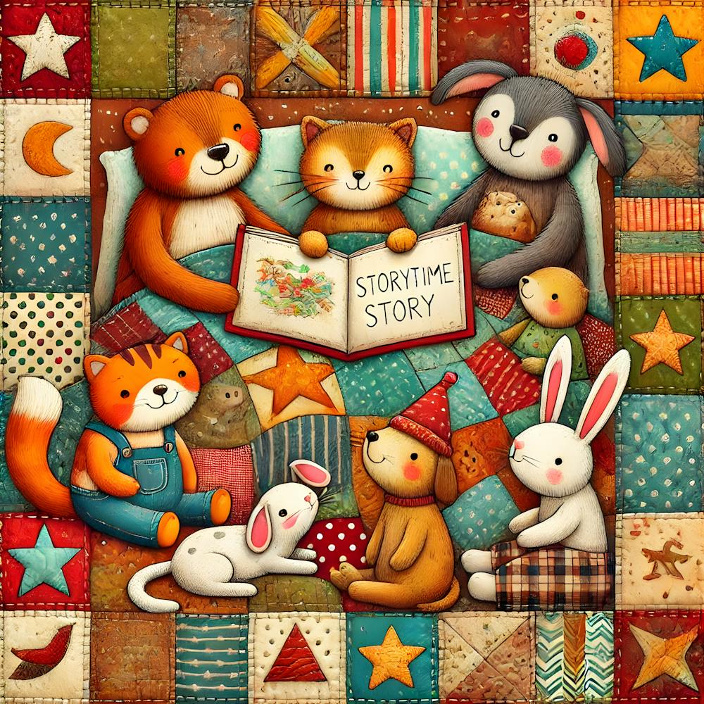 Patchwork Storytime Cozy Animal Friends Sharing A Tale