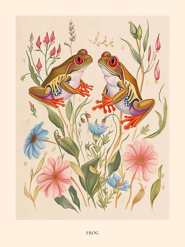 Folksy Floral Animal Drawing Frog 4 Poster