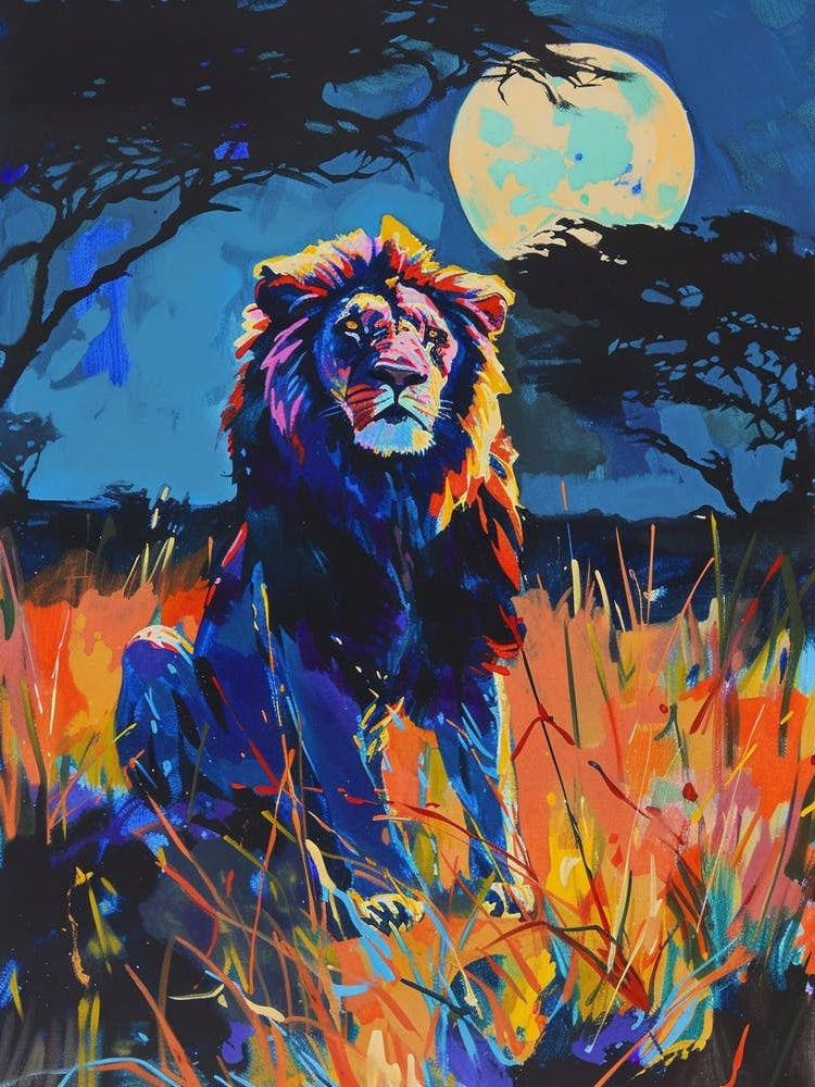 Southwest African Lion Night Hunt Fauvist Painting 1