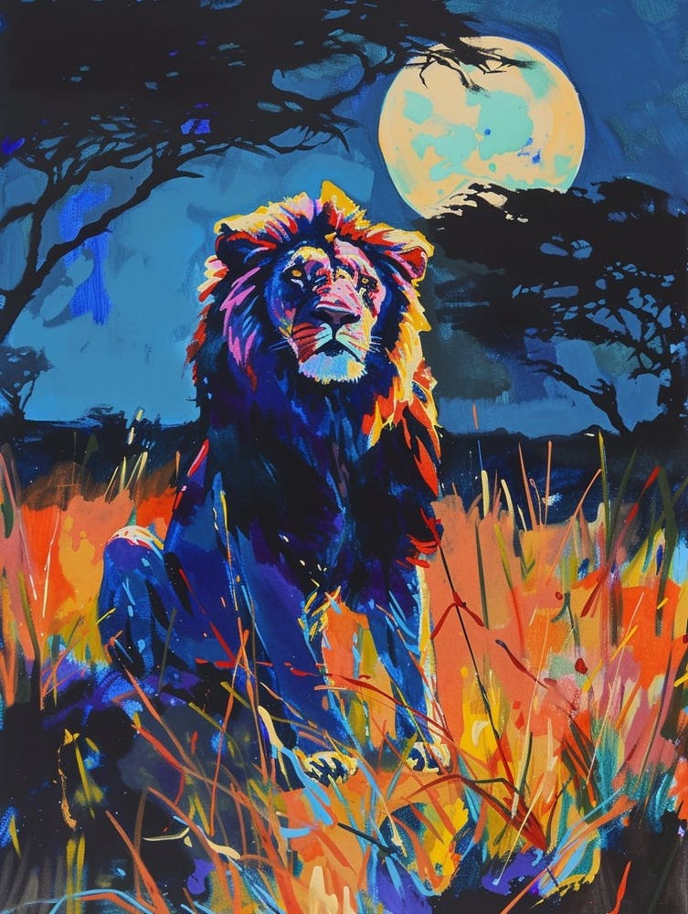 Southwest African Lion Night Hunt Fauvist Painting 1