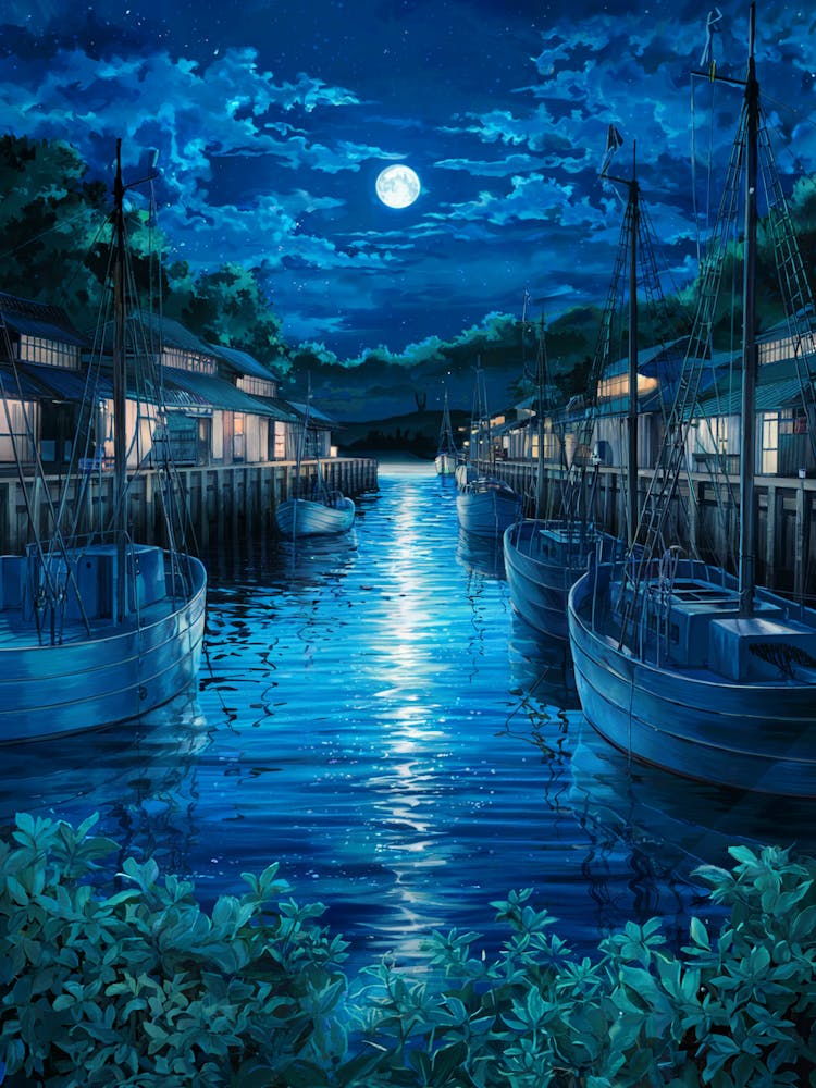 Anime Canvas Art: Tranquil Moonlit Harbor with Boats and Reflections, Perfect for Lofi Aesthetic and Peaceful Night Scene Lovers.