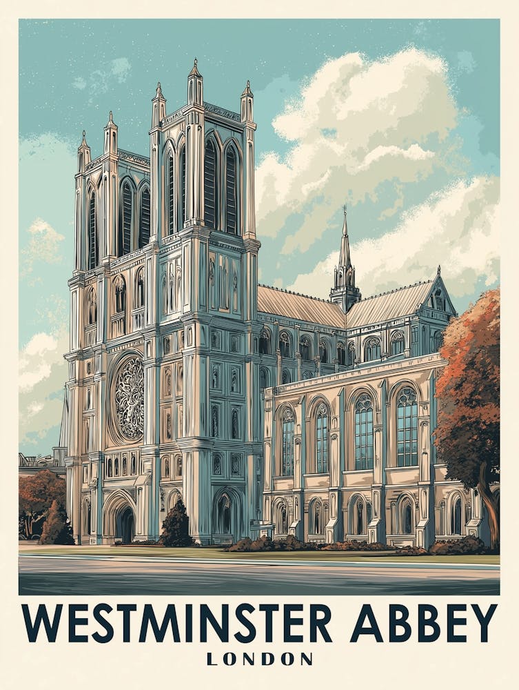 Westminster Abbey London Vintage Travel Poster – Gothic Revival Architecture & Retro Style