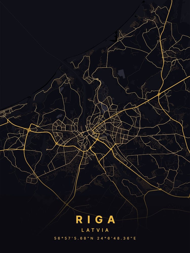 Riga Latvia Black And Gold Map