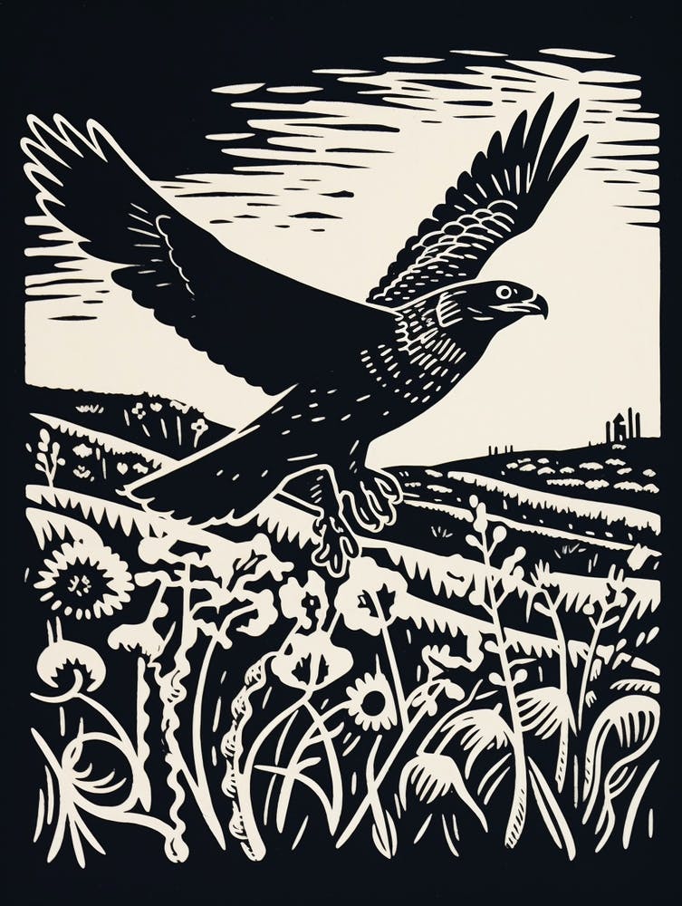 B&W Bird Linocut Harrier 1