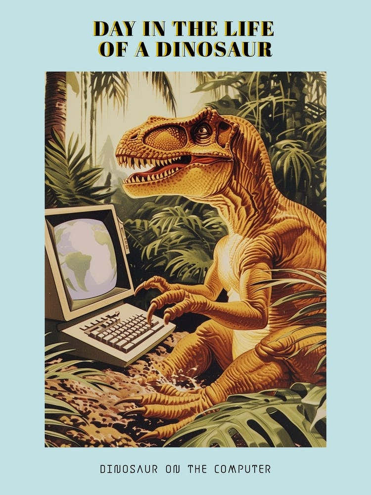 Dinosaur At A Computer Retro Collage 2 Poster