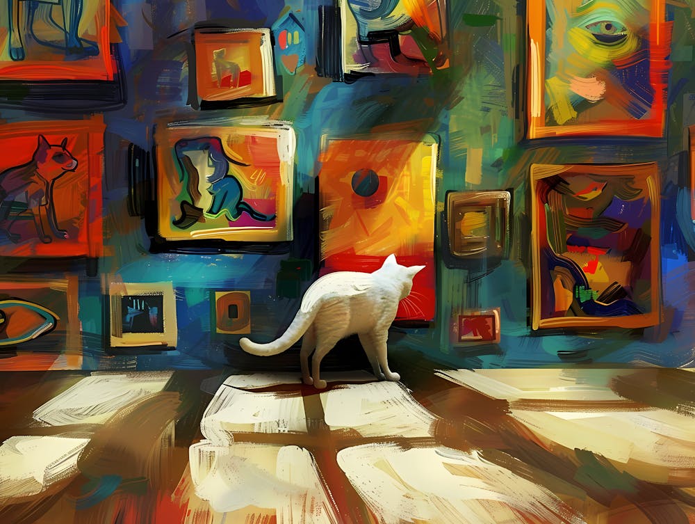 White Cat In The Library - Looking At An Artwork