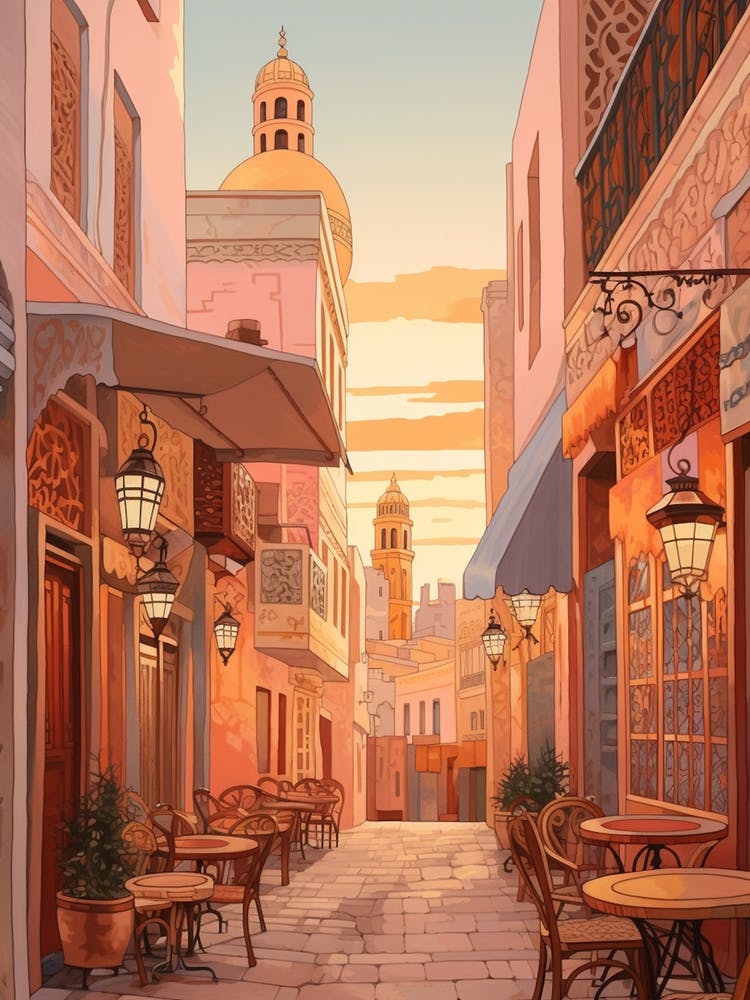 Casablanca Morocco 3 Vintage Pink Travel Illustration
