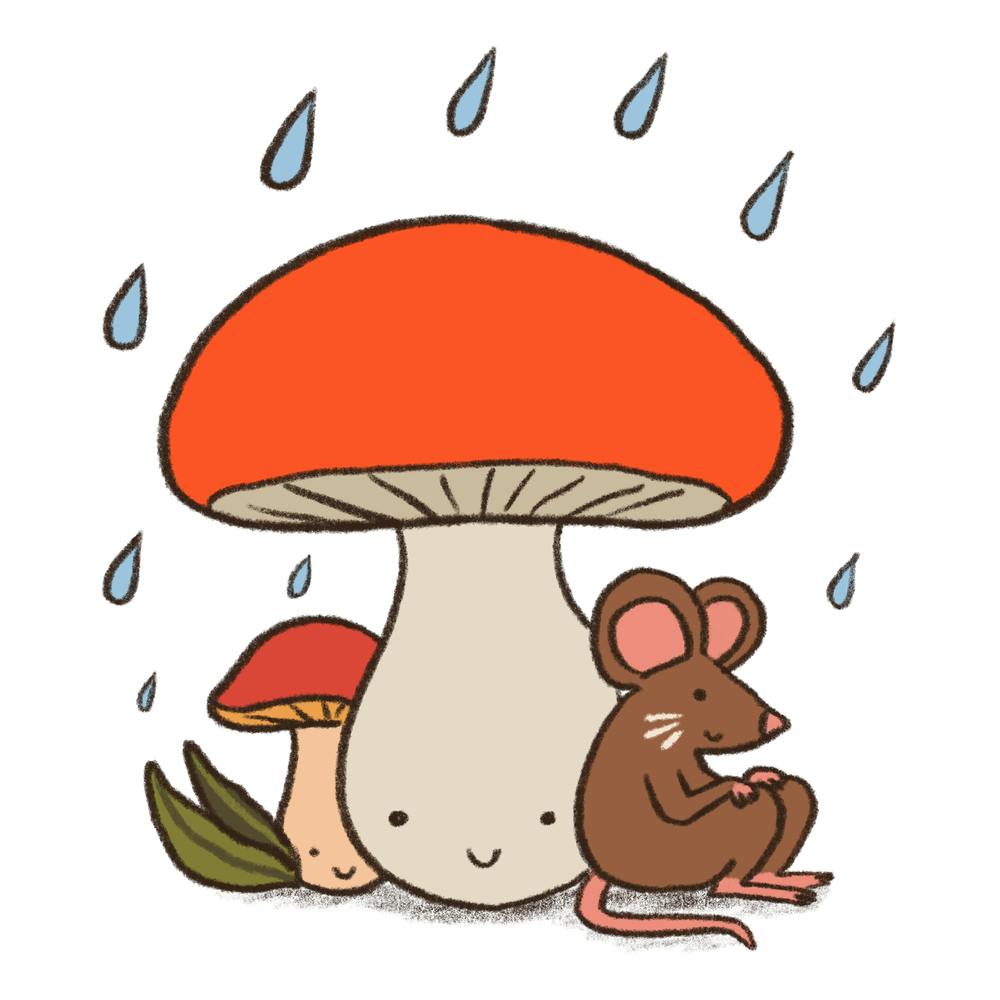 Mouse And Mushrooms On A Rainy Day