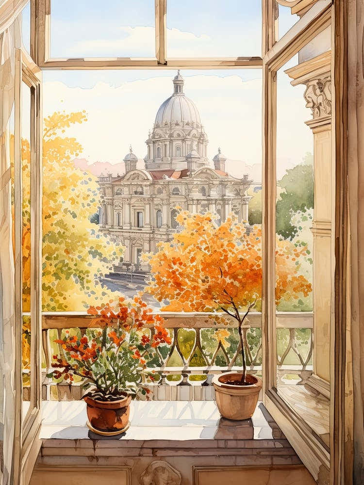 Window View Of Sofia Bulgaria In Autumn Fall, Watercolour 3