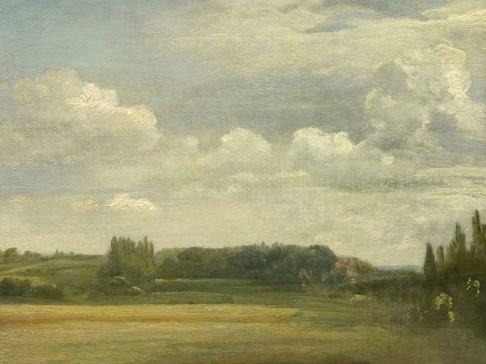 Field With Clouds. Vintage Muted Landscape Art