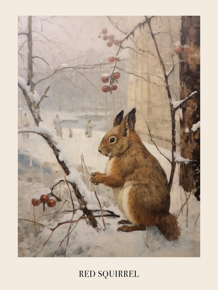 Vintage Winter Animal Painting Poster Red Squirrel 3