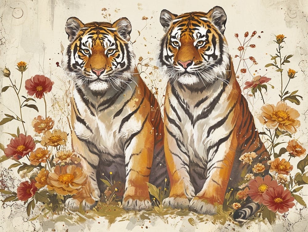 Floral Animal Illustration Siberian Tiger 1