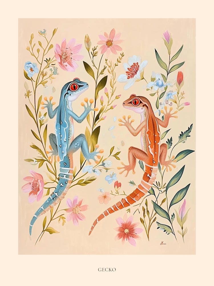 Folksy Floral Animal Drawing Gecko Poster