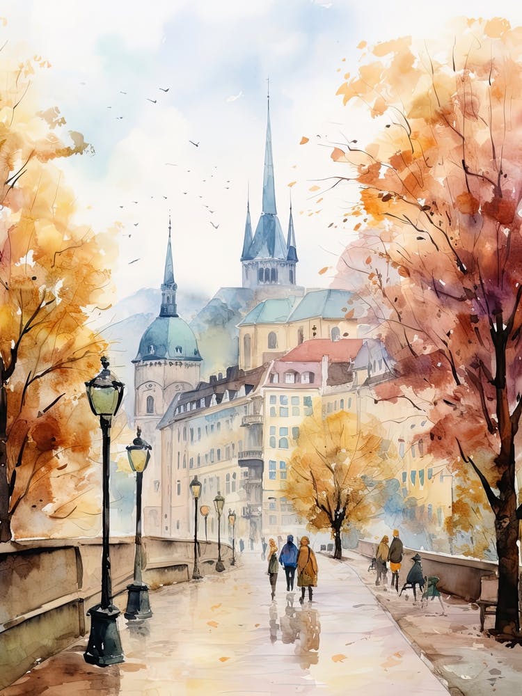 Luxembourg City Luxembourg In Autumn Fall, Watercolour 1