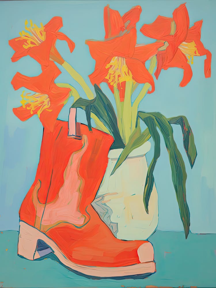 A Painting Of Cowboy Boots With Daffodils Flowers, Fauvist Style, Still Life 5