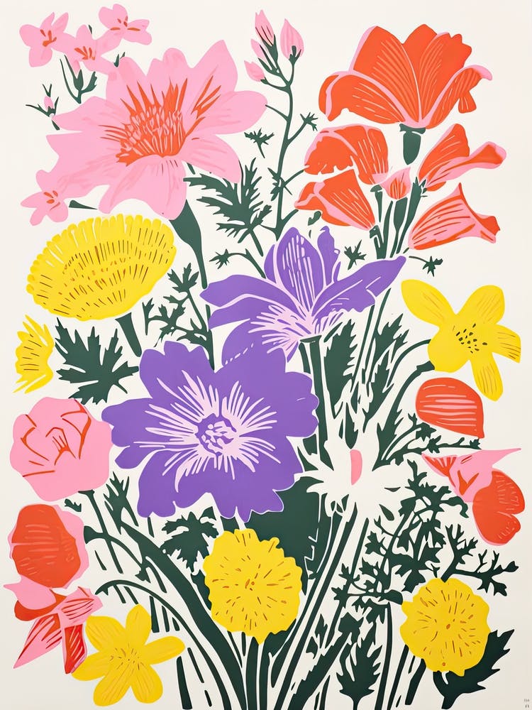 Colourful Flowers In A Vase In Risograph Style 12