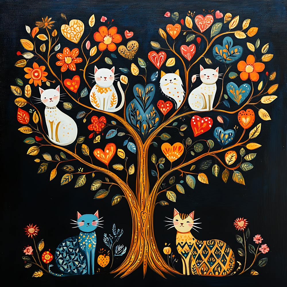 Folk Art Heart Tree Cat Climbing Artwork 8