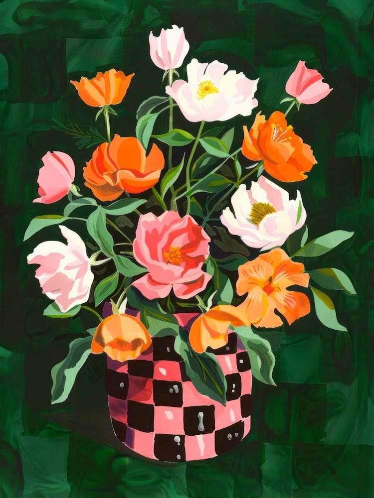 Vase with Flowers on Dark Green. Watercolor