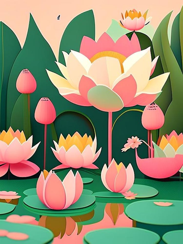 Lotus Flowers In Park Scandi Cartoon 3