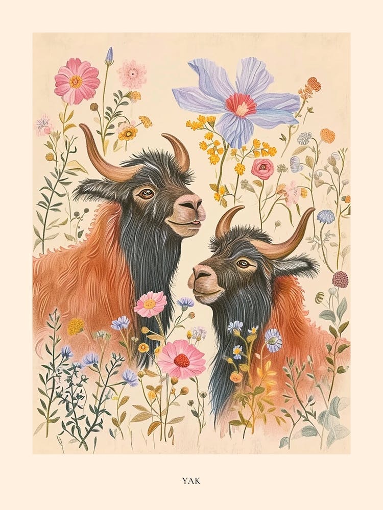 Folksy Floral Animal Drawing Yak 4 Poster